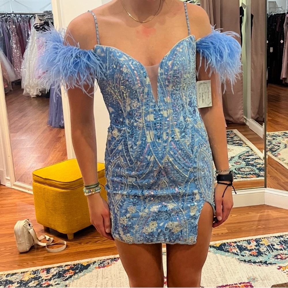 Blue Feathered Off-Shoulder Dress